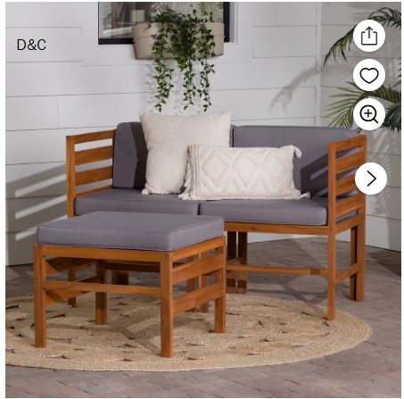 Modular Outdoor Brown and Grey Acacia L/R Chairs + Ottoman by Walker Edison