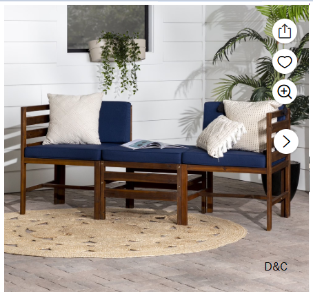 Walker Edison Modern Acacia Modular Patio Sofa Set, Dark Brown/Navy