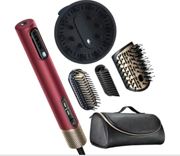 Infiniti PRO CONAIR 5-in-1 Hair Drying Wand, Straightener, and Styler, Ionic All-in-One Digital Motor Blow Dryer, Includes 4 High-Performance Attachments, Cherry Red