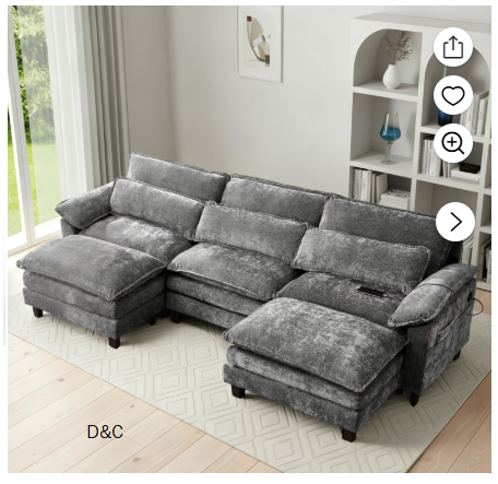 113” Modular Sectional Sofa,U Shaped Couch with Movable Ottoman, Convertible Sectional Couches with Deep Seat, 3 Seat for Living Room Comfy Cloud Sofa with USB Side Pockets & Charging(Grey)