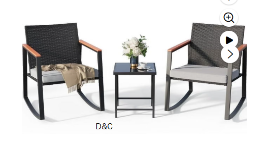 Lofka Patio Rocking Chairs Set with Glass Coffee Table, 3-Piece Outdoor Furniture Set for Balcony, PE Rattan, Gray