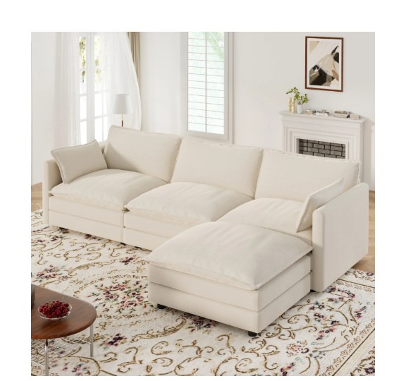 Muumblus Sectional Sofa Cloud Couch with Reversible Ottoman, L-Shaped Chenille Sofa for Living Rooms, Beige