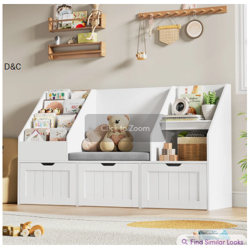 55.1″ W x 31.5″H 3-IN-ONE Kids Bookcase with 3 Drawers, Soft Cushion, 4-Layer Bookshelf, Reading Nook