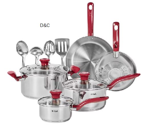 T-Fal Simply Cook 12pc Stainless Steel Cookware Set Red Handle