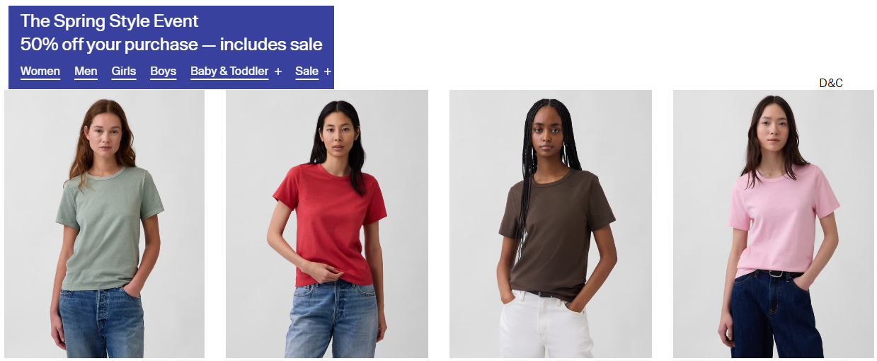 GAP Spring Sale Event 50% off your purchase.
