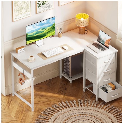 48 inch Computer Desk with 4 Fabric Drawers — Home Office Desks with Storage, Writing Desk with Side Hook, Desk Study/Work Table for Bedroom and Small Space, White