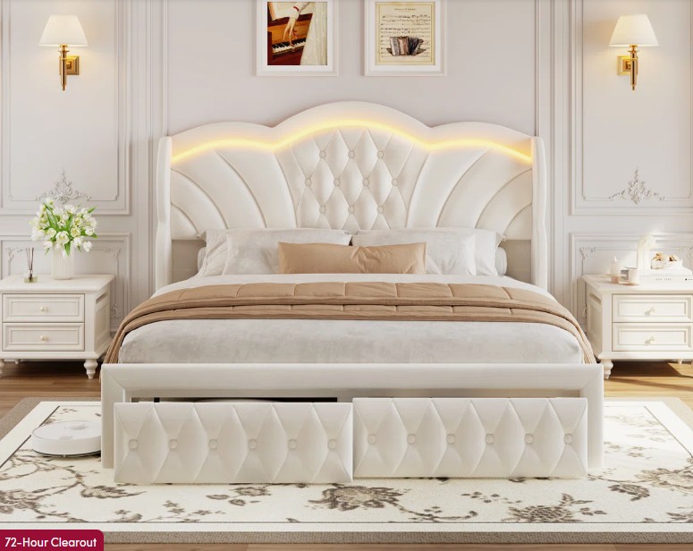 Velvet Upholstered Wingback Bed, Storage Bed with LED Lights