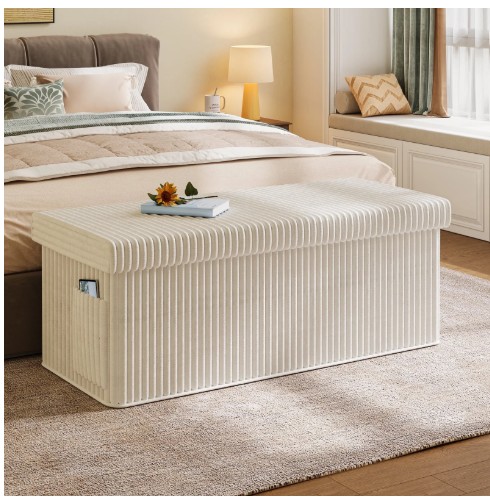 Pinmoco 43″ Folding Storage Ottoman Bench with Side Pocket, Corduroy Storage Bench Entryway Bench for Bedroom, Living Room, Beige