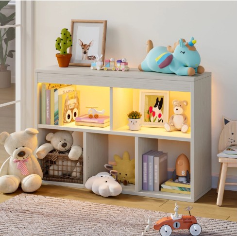 Pinmoco 5-Cube Reversible Toy Storage Organizer LED Kid’s Shelf Multipurpose Bookcase, Gray