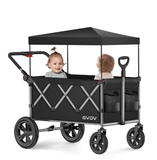 GVDV Stroller Wagon for Kids, 3-in-1 Collapsible Double Stroller Wagon for Toddlers, All-Terrain Baby Stroller with Removable Canopy, Adjustable Push/Pull Handles, 5-Point Harness, Black