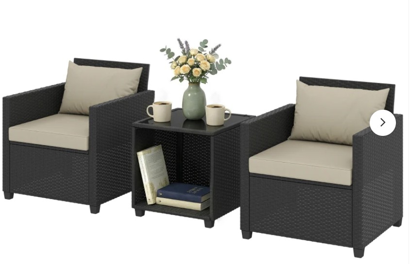 Outsunny 3 Piece Patio Bistro Set, Wicker Furniture Set with Thick Cushions, Glass Coffee Table and Chairs for Garden, Beige