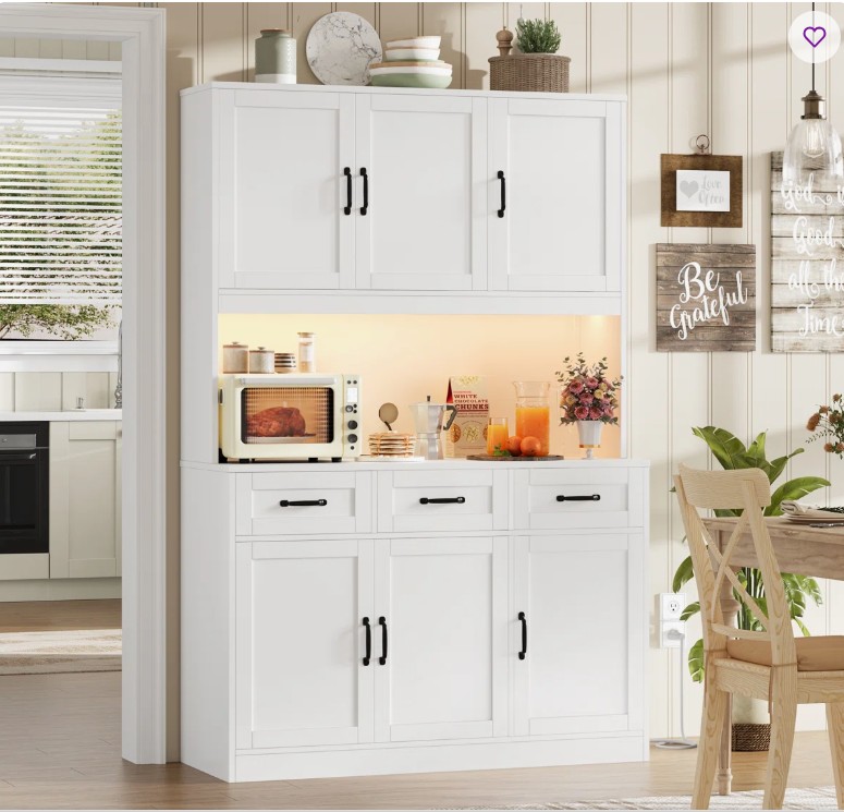 71.6″H Kitchen Pantry With LED Lights, Large Kitchen Hutch Storage With Microwave Shelf & Charge Station