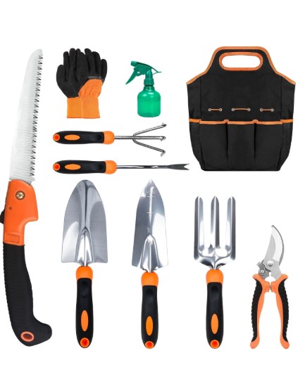 FOUKUS Garden Tool Set, Stainless Steel Heavy Duty Gardening Tool Set, with Non-Slip Rubber Grip, Storage Tote Bag, Outdoor Hand Tools, Ideal Garden Tool Kit Gifts