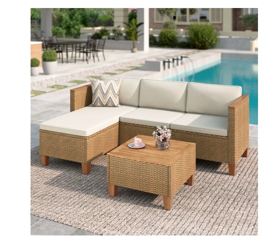 MF Studio 3-Piece Patio Furniture Conversation Set, All-Weather Wicker Outdoor Sectional Sofa Set with Table & Cushions, Beige