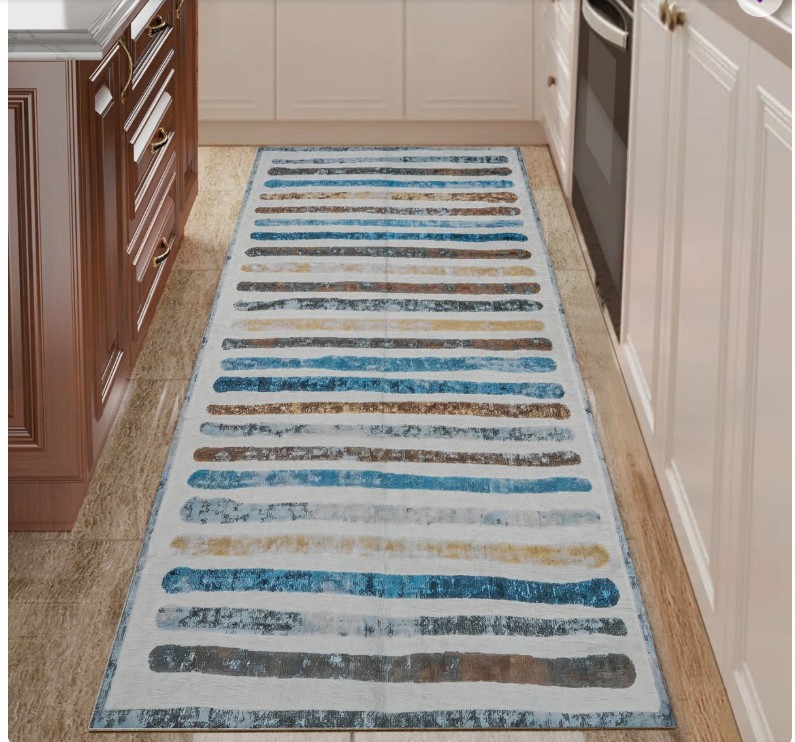 Non-Slip Machine Washable Colorful Modern Striped Area Rug in Blue/Brown/Yellow/Cream for Living Room, Bedroom, Hallway Runner Indoor Rugs
