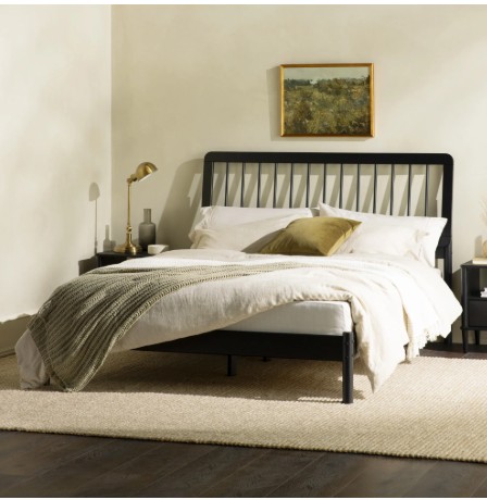 Walker Edison Mid-Century Modern Slatted Solid Wood Queen Bedframe, Black