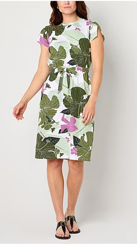 Liz Claiborne Womens Short Sleeve Midi Floral A-Line Dress