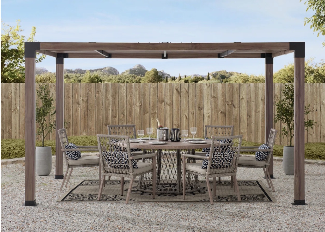 Sunjoy Outdoor Pergola 10 x 12 ft. Steel Frame Pergolas with Nature Wood Grain Finish for Patio, Garden and Backyard Activities