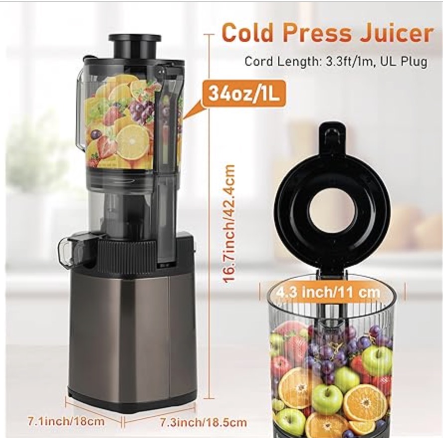 FAB&DELUXE Cold Press Juicer – 34oz Juicer Machines with 4.3″ Wide Feed Chute, Slow Masticating Juicer for Fruits and Vegetables, 99% High Juice Yield, Reverse Function, Dishwasher Safe
