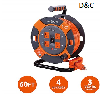 Link2Home EM-EL-600E Extension Cord Reel, 60′, 14 AWG SJTW with Heavy Duty High-Visiblity Cord