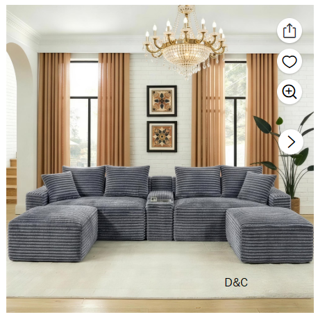 Aukfa 127″ Cloud Sectional Sofa U Shaped Boneless Couch with USB&Cupholdes Storage Console for Living Room, Corduroy, Gray