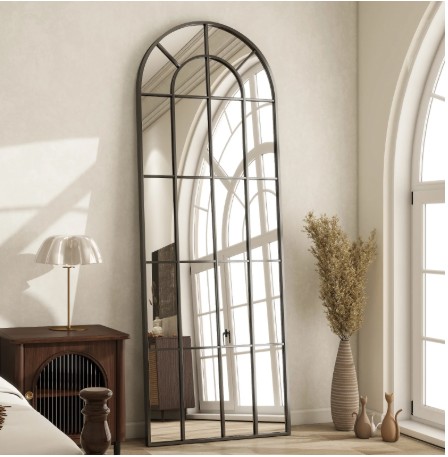 BEAUTYPEAK 65″x 23″ Arched Full Length Windowpane Mirror Wall-Decor Mirror,Black