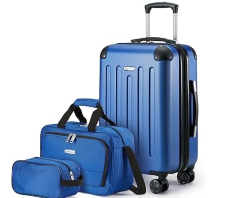 Amazon Basics 3-Piece Luggage Set, Including Carry-On Luggage (22″ Expandable Hardside Suitcase With 8 Spinner Wheels), 15″ Tote Bag, and 10″ Compact Travel Bag, Navy Blue