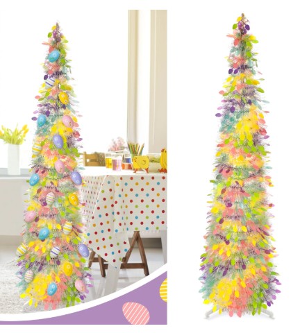 Ayieyill 5ft Easter Tree Decorations, Tinsel Easter Trees Pop up Artificial Pencil Trees, Collapsible Easter Christmas Trees for Easter Party Decorations (Eggs Not included)