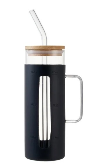 Mainstays Glass 22oz Tumbler with Black Protective Silicone Sleeve, Bamboo lid, Glass Straw