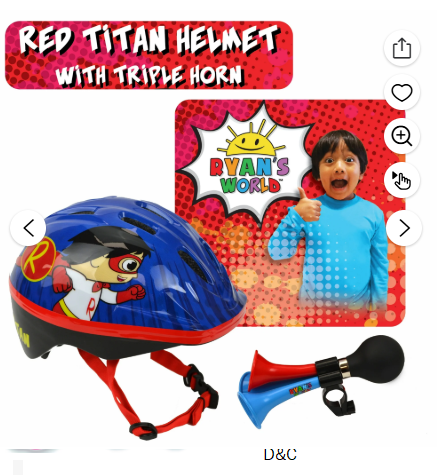 Ryan’s World Red Titan Bike Helmet, Triple Horn (Kids Ages 5+)