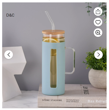 Mainstays Glass 22oz Tumbler with Blue Protective Silicone Sleeve, Bamboo lid, Glass Straw