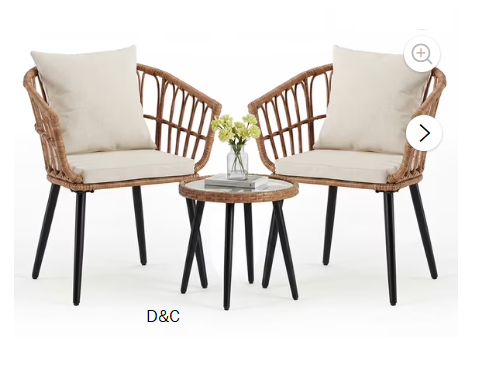 Gianna 3 Piece Outdoor Patio Furniture Set, Wicker Bistro Chairs with Glass Top Table for Apartment Balcony, Small Backyard, Porch and Deck, Beige