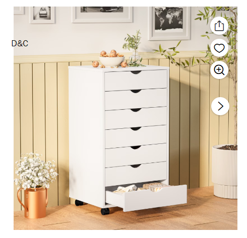 Gianna 7-Drawer Portable Storage Cabinet on Wheels for Office, Bedroom & Home Organization, White