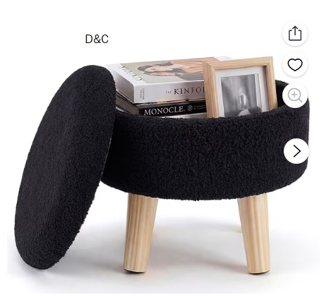 Gianna Round Ottoman with Storage, Boucle Footstool with Hidden Storage, Padded Seat, Teddy Velvet Footstool with Wood Legs for Living Room, Bedroom, Black