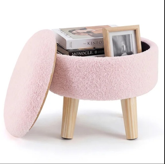 Gianna Round Ottoman with Storage, Boucle Footstool with Hidden Storage, Padded Seat, Teddy Velvet Footstool with Wood Legs for Living Room, Bedroom, Pink