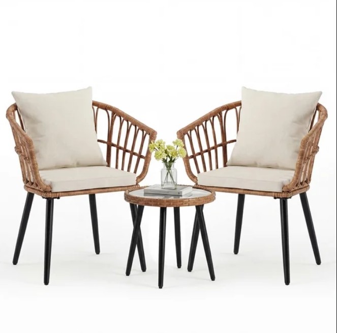 Gianna 3 Piece Outdoor Patio Furniture Set, Wicker Bistro Chairs with Glass Top Table for Apartment Balcony, Small Backyard, Porch and Deck, Beige