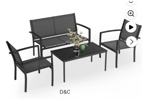 LACOO 4 Pieces Outdoor Furniture Set Patio Textilene Steel Conversation Set with Loveseat Tea Table for Lawn and Balcony, Black