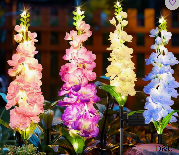 Solar Lights Outdoor Garden Decor, 4 Pack Upgraded Delphinium Solar Garden Lights