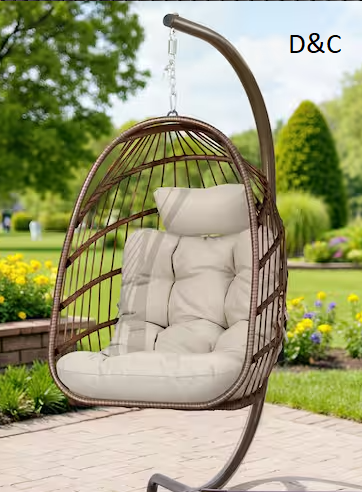 Outdoor Foldable Brown Wicker Egg Porch Swing Chair with Steel Stand and Beige Cushion for Patio