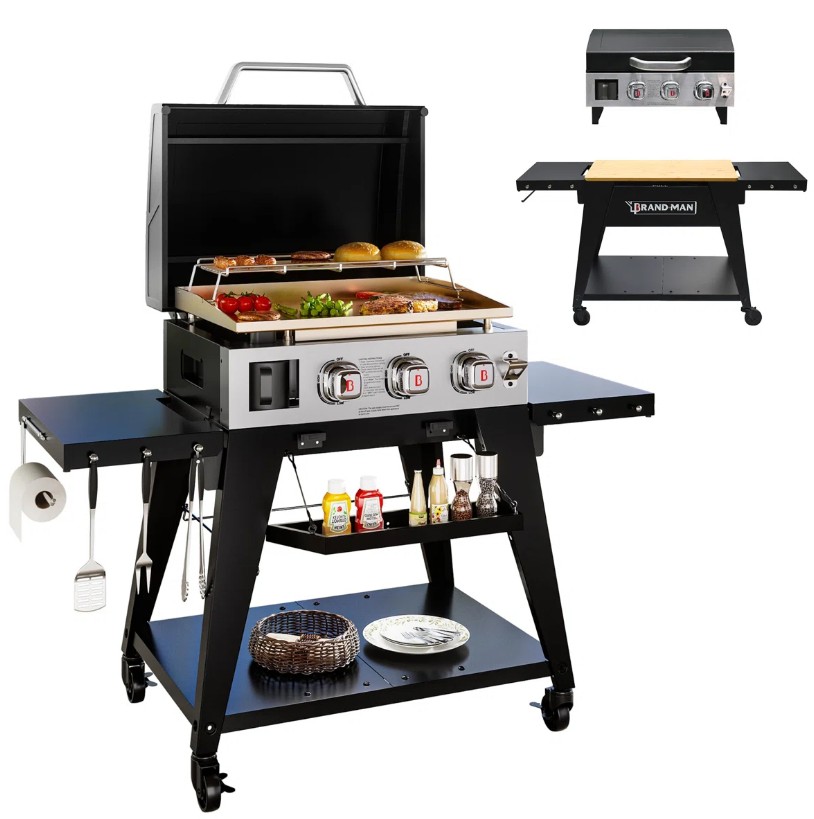 Brand-Man 3-Burner Portable Propane Gas Griddle with Lid – 28,000 BTU Flattop Grill, 504 Sq. In. Cooking Area – 2-in-1 Table Top & Free-Standing Design with Folding Tables & Rolling Cart – for Outdoor BBQ, Camping, Patio