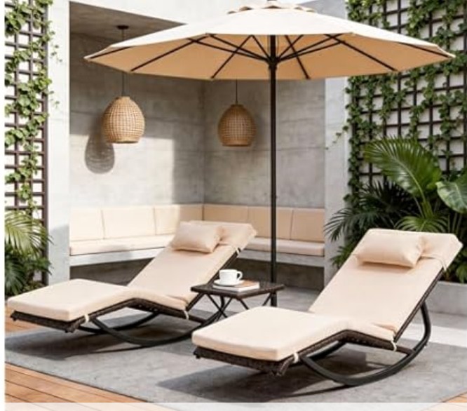 zzwhom Outdoor Lounge Chair Set of 3, Patio Chaise Lounger with Folding Table and Adjustable Headrest, Easy 4-Step Assembly, All-Weather PE Rattan & Steel Frame