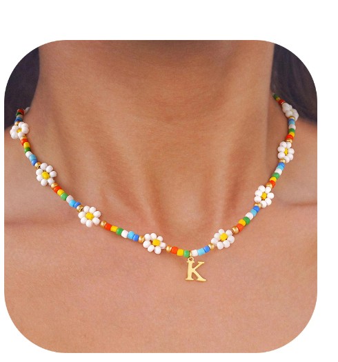 Turandoss Colorful Flower Beaded Initial Choker Necklace for Girls Women Tiny Gold Plated Pendant Letter A-Z Jewelry Trendy Personalized Birthday Gifts for Women Teen Girl