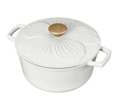 Beautiful 4 Quart Enameled Cast Iron Round Dutch Oven with Petal Design Lid, White Icing by Drew Barrymore