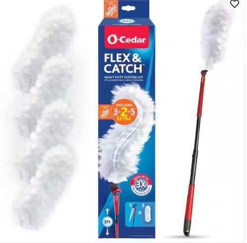 Flex and Catch Heavy Duty Dusting Kit with Stay-On Duster Hook, 5-Duster Refills, Handle Extends to 3 ft.