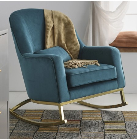 MoDRN Glam Velvet Rocking Chair with Lumbar Pillow, Teal/Satin Brass