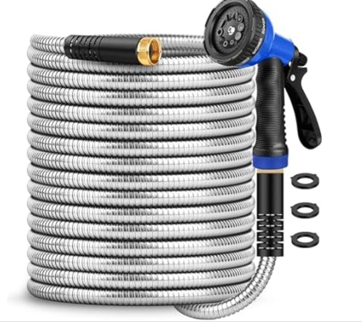 Garden Hose 50 ft, Stainless Steel Metal Hose, Flexible Water Hose with 10 Function Nozzle, Kink Free, Leak-Proof, Heavy Duty Hose