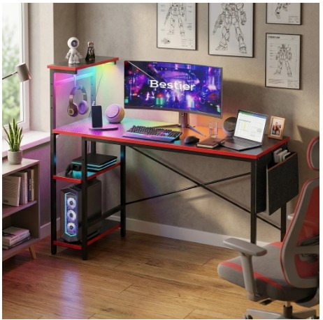 Bestier 52 inch Gaming Desk with LED Lights & Reversible Storage Shelves,LED Gamer Desk for Home and Office,Computer Office Desk with with Side Storage Bag-Carbon Fiber Platform
