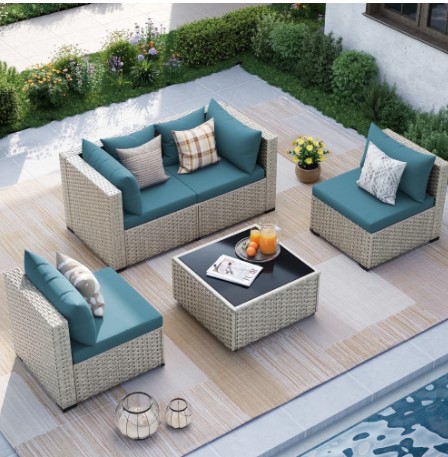 MRUAKA Outdoor Patio Furniture Set, 5-Piece Modular Sectional Sofa With Tea Table and Free Cushion, PE Wicker Outdoor Conversation Set for Patio, Garden, Backyard,Peacock Blue