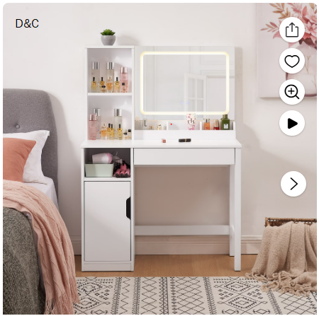 Mainstays Get Ready with Me GRWM Left Vanity Table with Lighted Mirror and Storage, White Finish