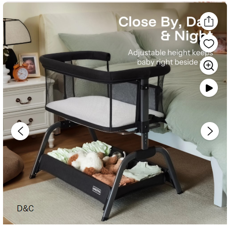 HARPPA Bassinet Bedside Sleeper, Bedside Bassinet with Storage & Wheels for Infants, Black